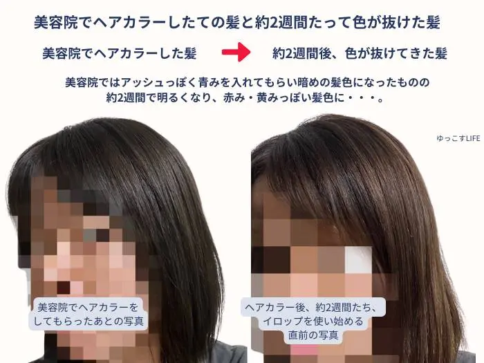 美容院でヘアカラーしたての髪と、2週間たって色が抜けた髪