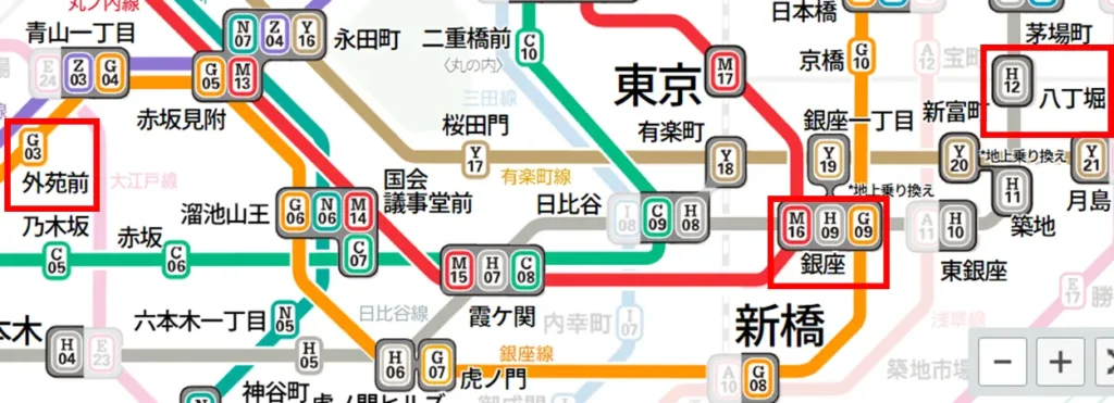 八丁堀駅から外苑前駅までの乗り換えルート