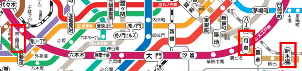 新木場駅から国立競技場駅までの路線図