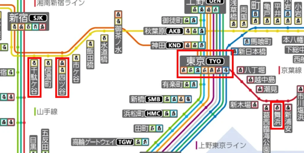 舞浜駅から千駄ケ谷駅までの路線図