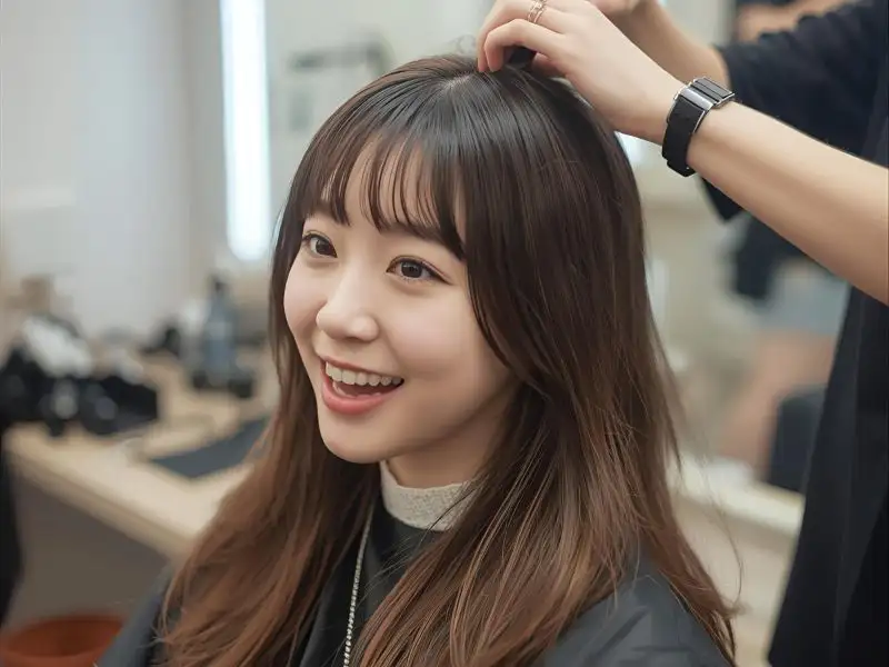 美容室でヘアアレンジしてもらっている女性